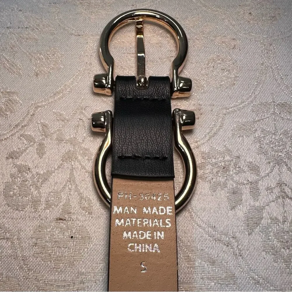 LP Blue Linea Pelle Black Faux Leather Belt Gold Buckle Size Small 40.5 inch